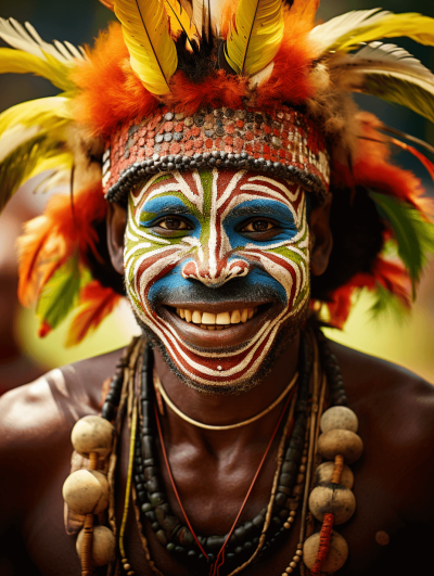 portrait of a smiling and happy man from Papua New Guinea wearing traditional tribal head dress, he has face paint with white, blue, red, yellow and orange colours, in the style of National Geographic photography