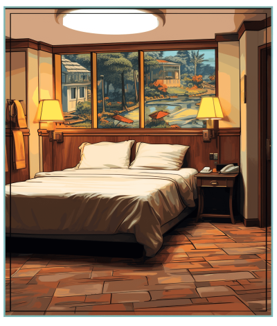 A simple illustration of the interior view of an American-style hotel room with a large bed, wooden headboard and wall paintings depicting outdoor scenes. The scene includes a nightstand on one side, lamps, and window views showing trees outside. In the style of detailed comic book art. Use flat colors in earthy tones to create a warm atmosphere.