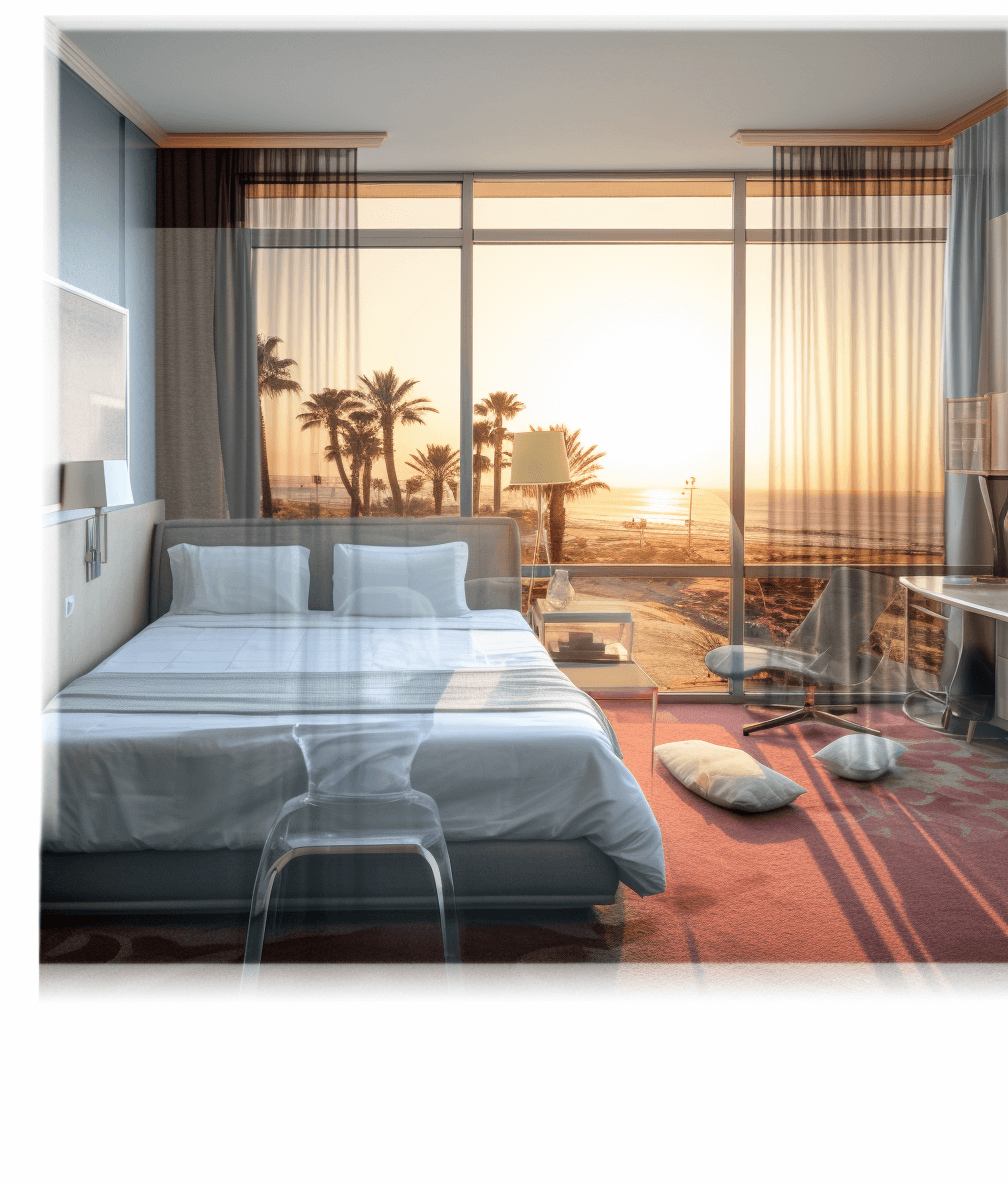 A hotel room with large windows overlooking the beach, palm trees and sunset, double bed in front of window, small desk on the right side, modern furniture, carpeted floor, graphic design style, vector illustration, rendering in the style of Behance, high resolution, high quality, high detail, hyper detailed, octane render, 3D rendering, soft shadow, soft light, bright colors.