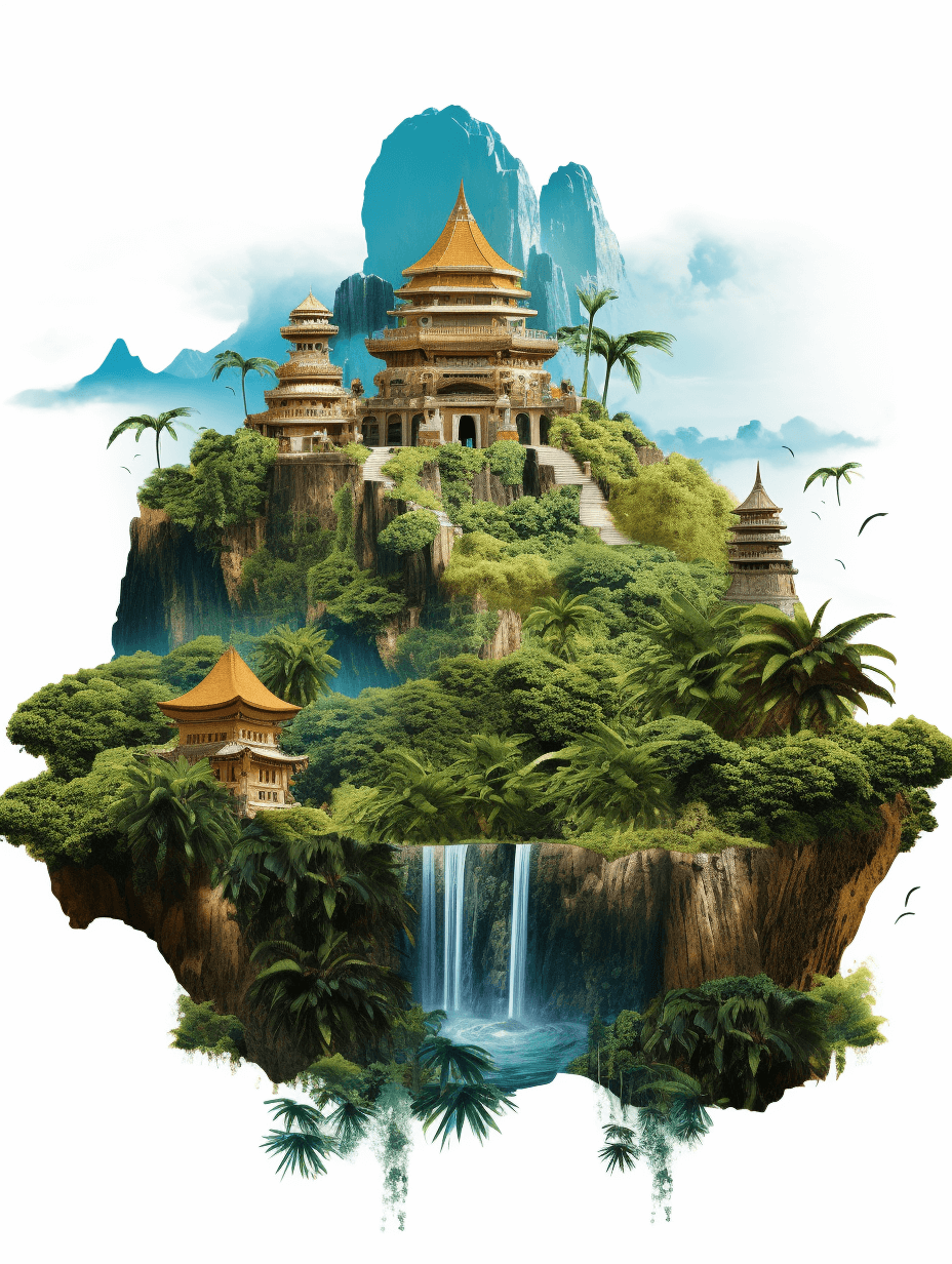 A Chinesestyle island floating in the air, with an ancient temple and green vegetation on top of it. The background is white. There’s a waterfall flowing down from under the mountain, and there were tropical plants around., high resolution, digital art, highly detailed