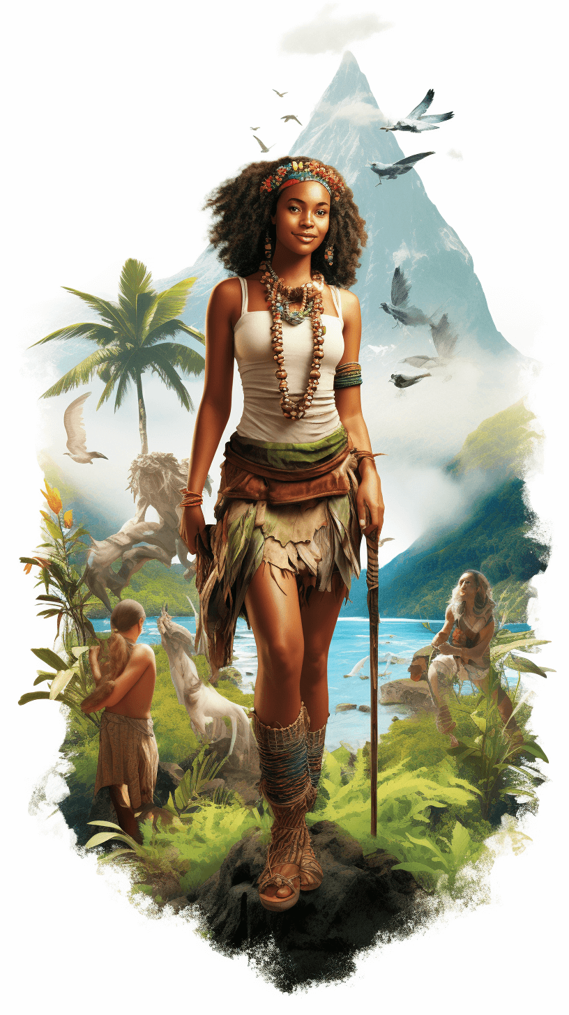 A full body illustration of an African American woman with black hair and a white top, walking on an island, surrounded by animals. Children are playing in the background, with mountains in the distance and jungle plants. The art style is fantasy concept art for a game cover, with a high level of digital painting detail and sharp focus. The scene has a studio lighting effect on a white background.