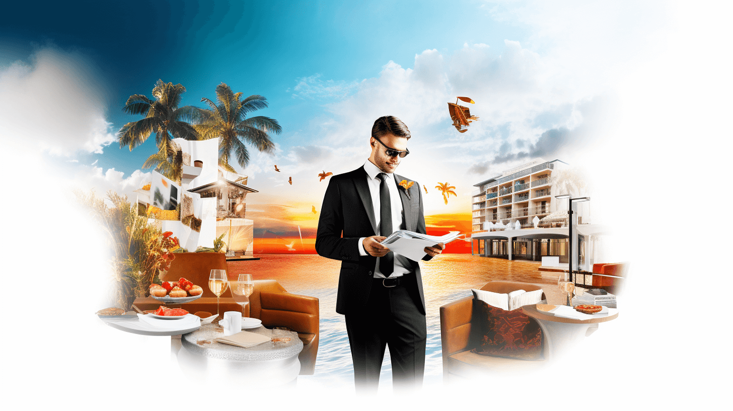 A realistic and detailed illustration shows a real estate agent standing in front holding documents, with luxury beach resort buildings and palm trees in the background. The scene includes luxurious furniture with soft lighting, creating an atmosphere that reflects opulence and elegance. A man wearing a black suit is looking at his phone. There are also some clouds and birds flying around. The overall mood conveys luxury and high-end service to people from all over the world, in the style of luxury real estate marketing.