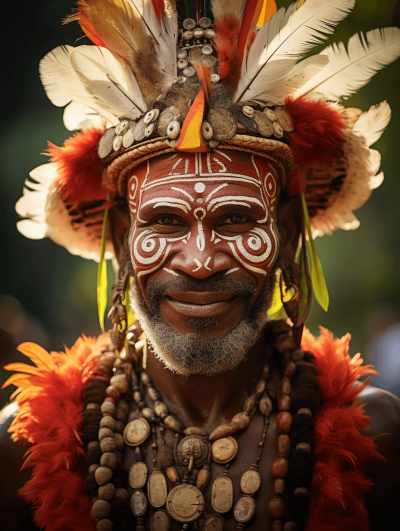 portrait of an African man in traditional costume, in the style of papua new guinea, national geographic photo