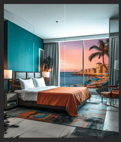 A photograph of the interior design of a modern hotel room with a large window overlooking the city and sea, turquoise walls, an orange bed sheet, a blue floor mat with a palm tree pattern, cinematic lighting, a sunset outside, hyper realistic photography in the style of sunset outside.