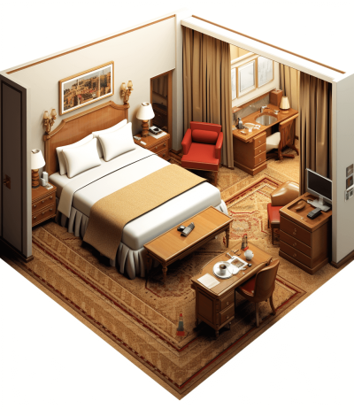 3D isometric view of a hotel room with a bed, desk and sofa, brown carpet, white walls, brown curtains, wooden furniture, in the style of 2D game art, high resolution, detailed illustration, high quality.