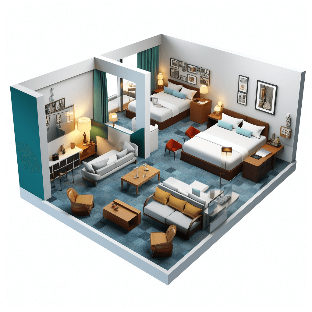 3d plan of the hotel room, modern style with turquoise and brown elements, bed in one corner with two sofas on each side, sofa against wall, coffee table near it, kitchenette next to them, lamps, armchairs on top of couches, bathroom behind door, living area is large and spacious, floor has blue carpet, white walls, photo realistic with hyper detail