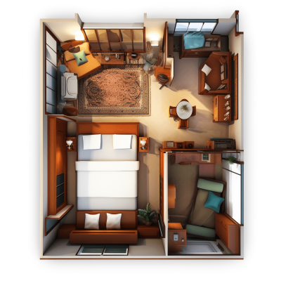 Top view of the interior floor plan for an Indian style hotel room, with sofa and bed on one side of wall and small table between them, kitchenette in corner, window at end of space. The design includes decorative elements such as curtains and carpet, all rendered in 3D illustration style with a warm color palette. A digital rendering showcasing high resolution details and realistic textures.