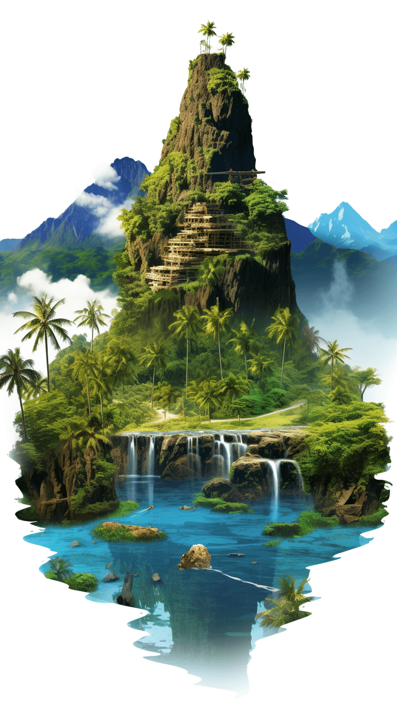 tropical island with jungle and waterfalls, white background, in the style of fantasy game art, floating in the air, mountain on top of it