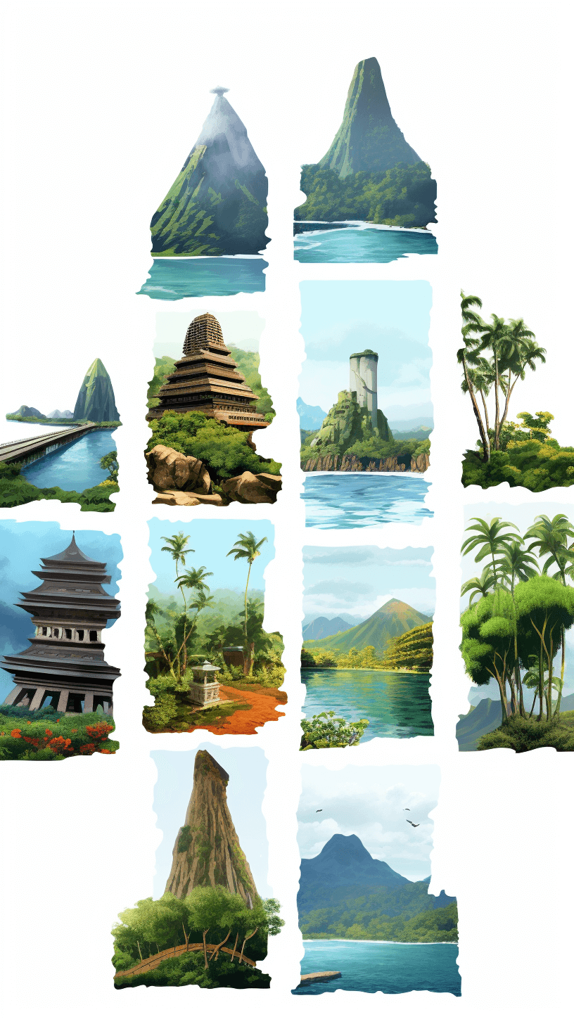 A sprite sheet of multiple images for different landscape assets, in a cartoon style, of a Hawaii island with mountains and tropical plants, temple ruins, cliffs, on a white background, concept art in the style of studio ghibbli, a tropical jungle scene in the style of studio G, on top of a mountain, a tropical jungle, a blue lagoon, a white sand beach, greenery, a water tower in the foreground, on a white background, in a watercolor style, a digital painting, a concept design sheet.