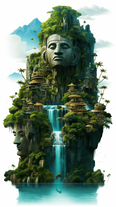 An island with an ancient Maya style village, waterfalls and lush greenery on top of the mountain, a giant stone head carved in the style of it's side, digital art