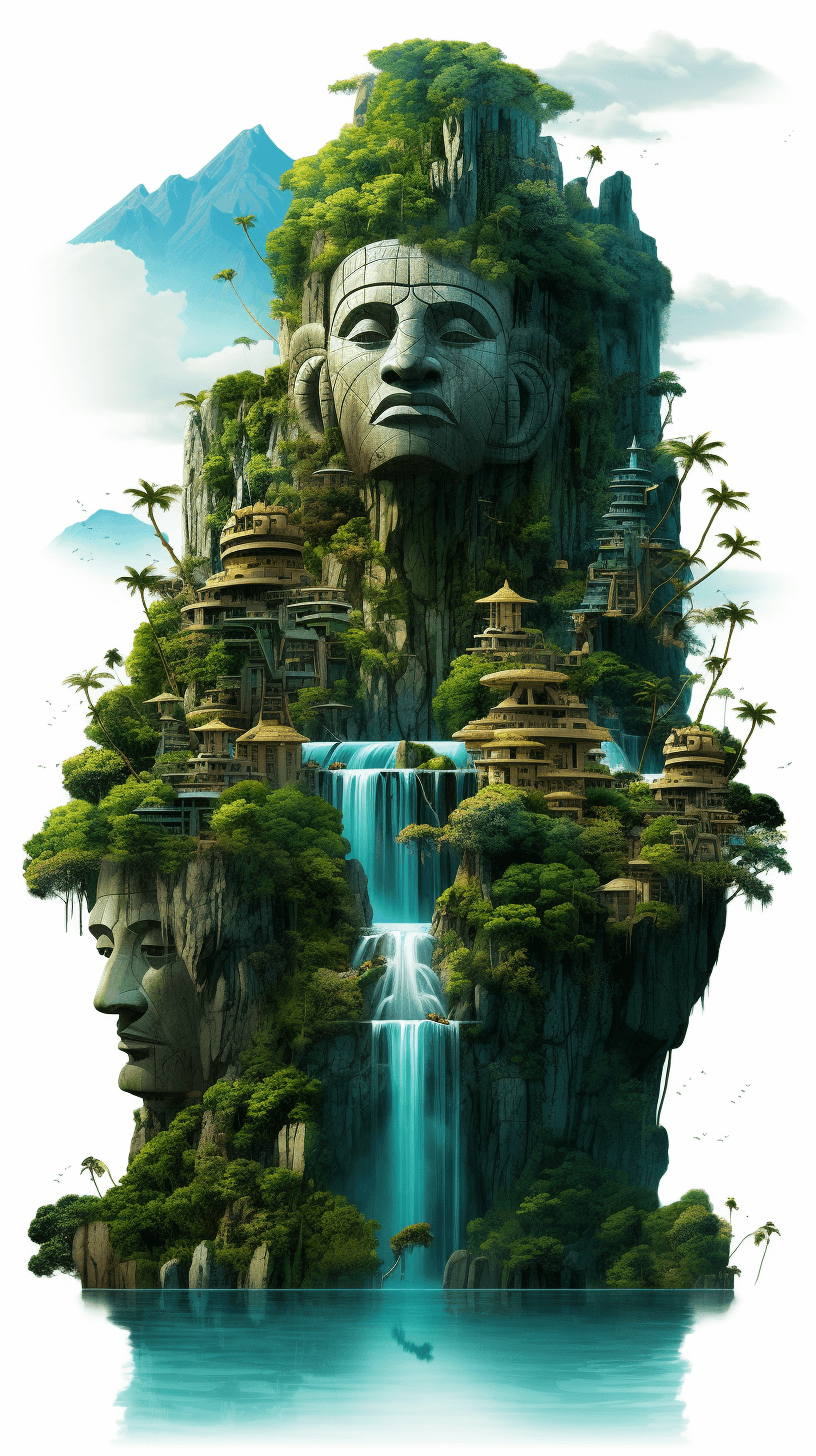 An island with an ancient Maya style village, waterfalls and lush greenery on top of the mountain, a giant stone head carved in the style of it’s side, digital art