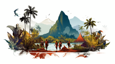 tropical island with tribal people walking, white background, jungle and mountain in the distance, small village on the coast of a tropical island, vibrant color palette, jungle foliage, people wearing traditional , fantasy artwork in the style of tribal environment, mountains in the distance, coastal scene in the style of tropical landscape, people around the river bank