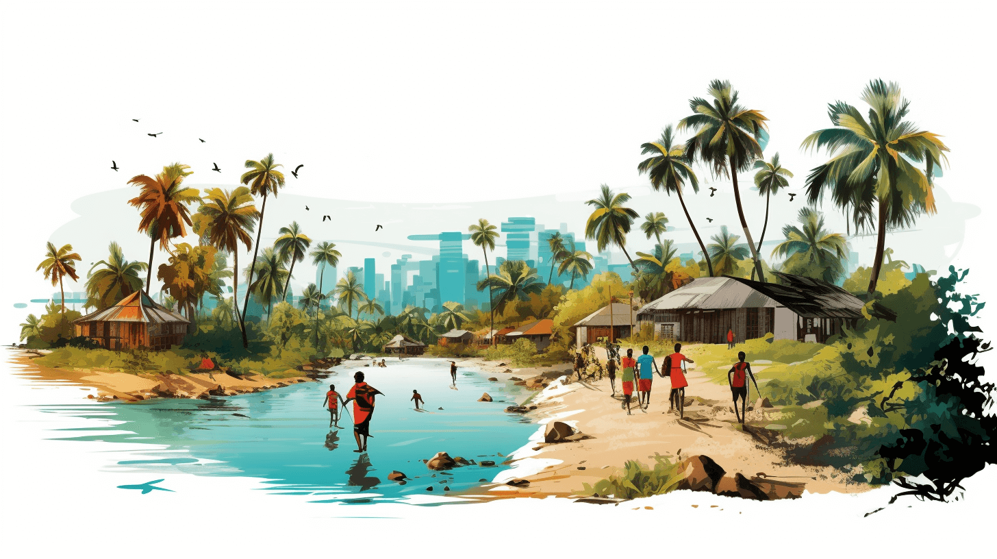 vector illustration of an African village by the sea with modern buildings and people playing in their , white background, clip art style, coconut trees on both sides of the river bank, small huts along the beach, some children swimming or standing at the water edge, city skyline far away in the distance, high resolution, very detailed, in the style of the artist.