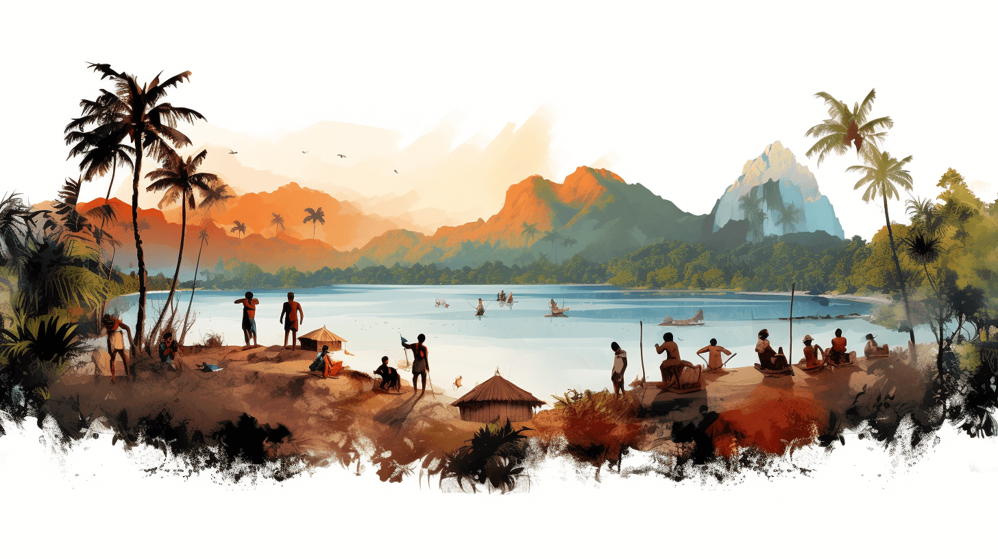 A vector illustration of people gathering around the shore in Papua New Guinea, a tropical beach with mountains and jungle trees in the background, using a warm color palette with a white isolated background and warm color scheme in the style of a watercolor.