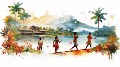 watercolor art style, clipart of kerala people playing a traditional game in front of a lake and village with coconut trees on a white background in the style of traditional Indian art.