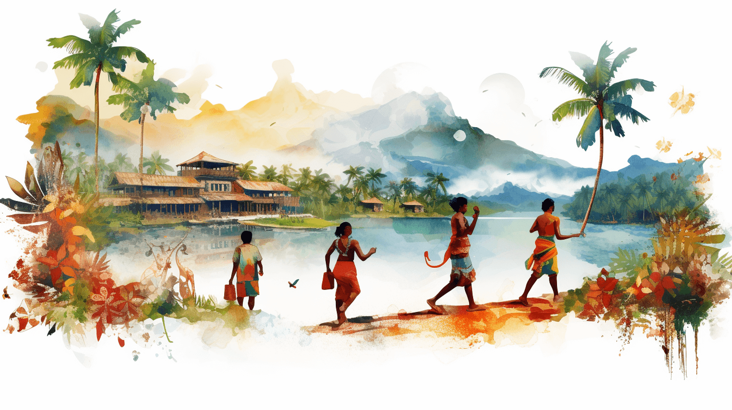 watercolor art style, clipart of kerala people playing a traditional game in front of a lake and village with coconut trees on a white background in the style of traditional Indian art.