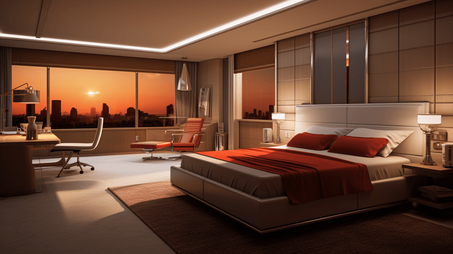 Modern hotel room with a large bed, study desk and office chair, floor-to-ceiling windows overlooking the city skyline at sunset, warm lighting creating a cozy atmosphere, red accents on the furniture for color contrast, in the style of photorealistic style, high resolution camera capturing intricate details of the interior design elements.