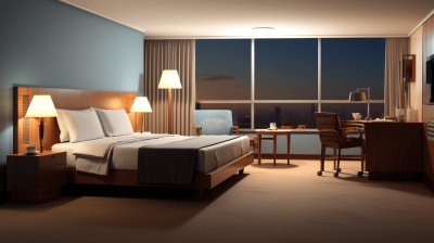 High bedroom overlooking the city, large floor-to-ceiling windows on one side of the bed, light blue walls and white ceiling, wooden furniture with a brown wood grain table lamp and a coffee cup in front of a desk chair, simple modern style hotel room interior decoration, a warm lighting atmosphere at night, high definition photography, high resolution, super detailed in the style of modern interior design.