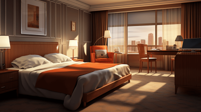 The hotel room features an elegant wooden bed with orange bedding, and the sunlight shines through large windows onto warm beige carpeted floors. There is also a desk with chairs around it, creating a comfortable atmosphere for work or relaxation. The scene exudes tranquility as if you were in your own home away from traffic noise. It's a realistic rendering of interior design, showcasing a modern style that embodies comfort and elegance.