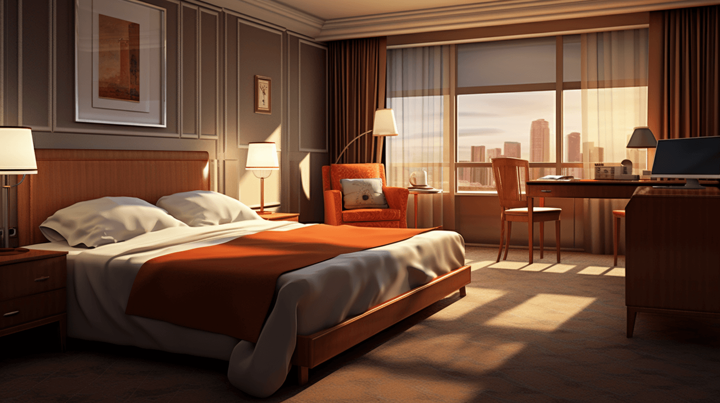 The hotel room features an elegant wooden bed with orange bedding, and the sunlight shines through large windows onto warm beige carpeted floors. There is also a desk with chairs around it, creating a comfortable atmosphere for work or relaxation. The scene exudes tranquility as if you were in your own home away from traffic noise. It’s a realistic rendering of interior design, showcasing a modern style that embodies comfort and elegance.