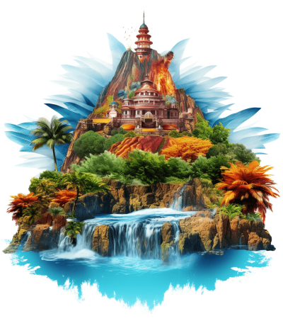 An ultra realistic vector design of the holy mountain with its temple and lava waterfall, with blue water in front of it, surrounded by tropical vegetation on a white background. A highly detailed, colorful digital art illustration in the style of fantasy.