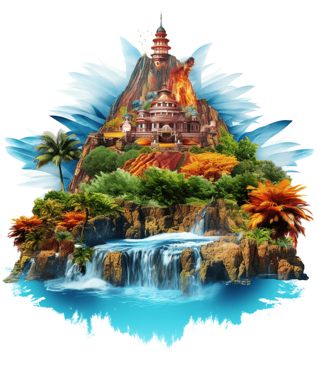 An ultra realistic vector design of the holy mountain with its temple and lava waterfall, with blue water in front of it, surrounded by tropical vegetation on a white background. A highly detailed, colorful digital art illustration in the style of fantasy.