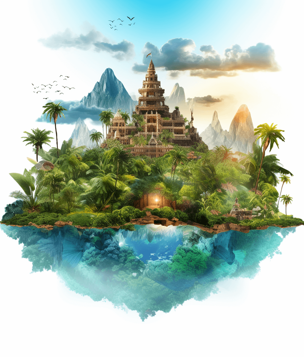 A tropical island with an ancient temple in the center, surrounded by lush vegetation and crystal clear waters. The scene is set against a white background, creating a sense of grandeur and mystery. Digital art style with vibrant colors, highlighting details like exotic flora and fauna, majestic mountains, and floating islands. A magical atmosphere evokes adventure, exploration, and wonder. Focus on face, portrait photography with sharp edges and high resolution and detail in the style of hyper realistic.