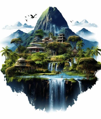 An island with jungle, waterfalls and village houses floating in the air, white background, in the style of vector art, fantasy illustration style artwork, mountain range behind it, highly detailed, water fall flowing down to river below, detailed, hyper realistic, high resolution, high quality textures, hdr