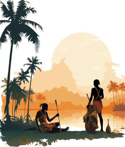 A vector illustration of two African men playing traditional musical instruments under the sunset, with palm trees and an Indian river in background. The scene is set against a white backdrop, emphasizing the silhouettes of both characters and their instruments. A tropical setting adds to its exotic atmosphere.