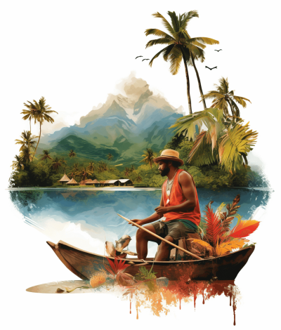 vector tshirt design of the waterways and mountains on an island, tropical rainforest setting with a man sitting in a wooden boat fishing for fish wearing a red vest, hat and shorts, with colorful palm trees and huts along the shore, white background, detailed illustration in the style of [Mandy Disher](https://goo.gl/search?artist%20Mandy%20Disher), digital art photography