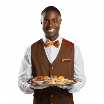 A realistic photo of an African American waiter, wearing brown vest and bow tie with white shirt holding serving tray full of pastries in his hands smiling at the camera. Isolated on solid background.