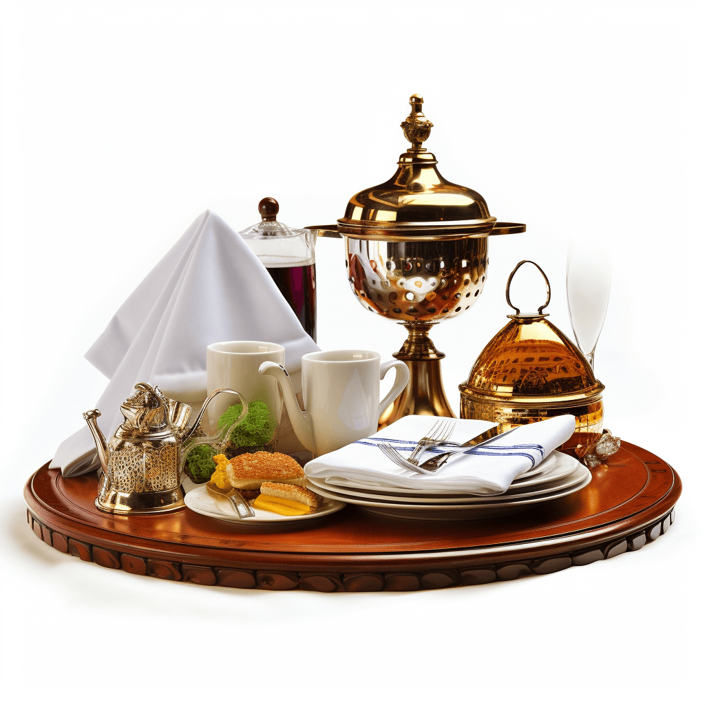 A realistic photo of the most luxurious and expensive hotel breakfast tray, featuring an elegant golden coffee pot with porcelain cups on one side, gold scones in a decorative dish, white linen napkins folded artfully, all set atop a polished wooden serving platter, isolated against a pure white background, capturing every detail of luxury to create a visually stunning composition, no text or logos present for transparency, high resolution for highly detailed rendering