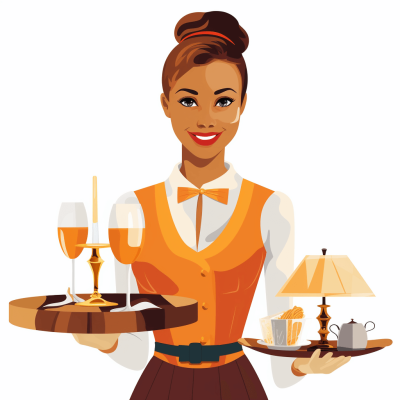 A smiling African American female hotel tray carrier is serving wine and food in the style of vector style on a white background. She is wearing an orange vest with a bow tie, holding two platters of serviceable glasses and silverware. The room features warm lighting and stylish decor in the style of vector style.