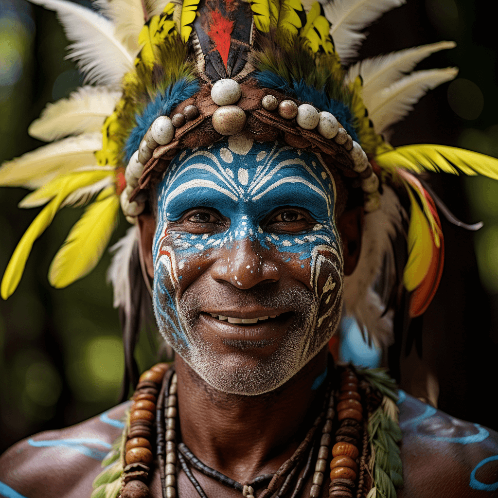 A photo of an indigenous man from the Pacific Islands wearing traditional attire, smiling at the camera with blue face paint and yellow feathers on his head. The background is blurred to focus attention on the subject. Captured in the style of Canon EOS5D Mark III camera using natural light.