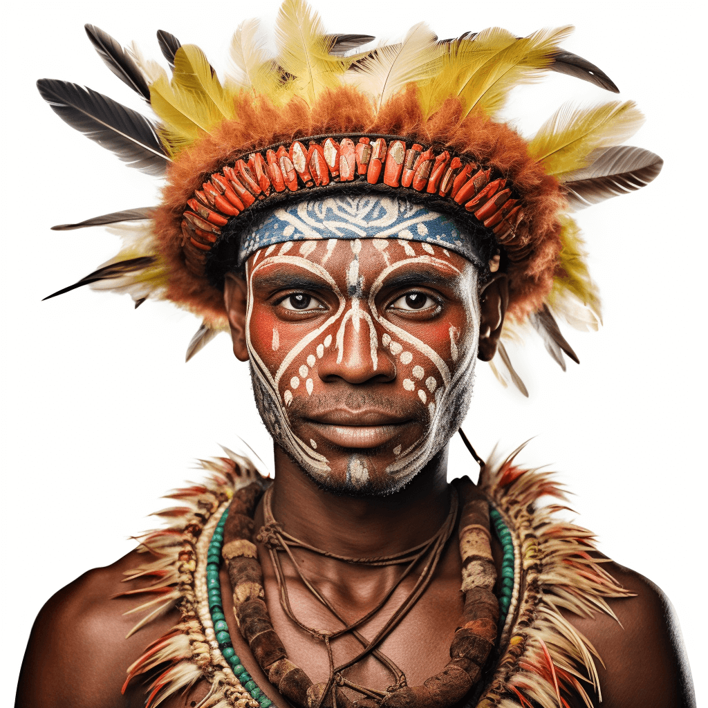 portrait of an African warrior, isolated on a white background, in the style of a studio portrait, symmetrical composition, colorful costumes, fine feather details, vibrant colors, in the style of a national geographic photo