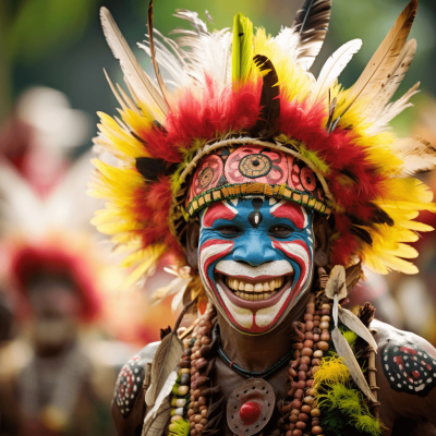 A smiling Papua New Guinea tribal warrior in a colorful headdress and face paint at the enchanting National Geographic photography festival, medium shot. The image is in the style of a National Geographic photographer.