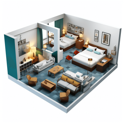 3D plan of the hotel room in the American style, turquoise and white colors with brown accents, two beds on opposite sides of each other at full height, sofa near to the bed, kitchenette area near the entrance door, realistic illustration