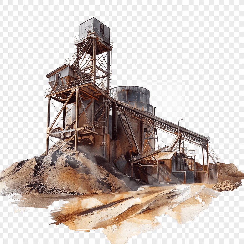 an old, rusty mining plant with sand pile and watercolor paint isolated on transparent background