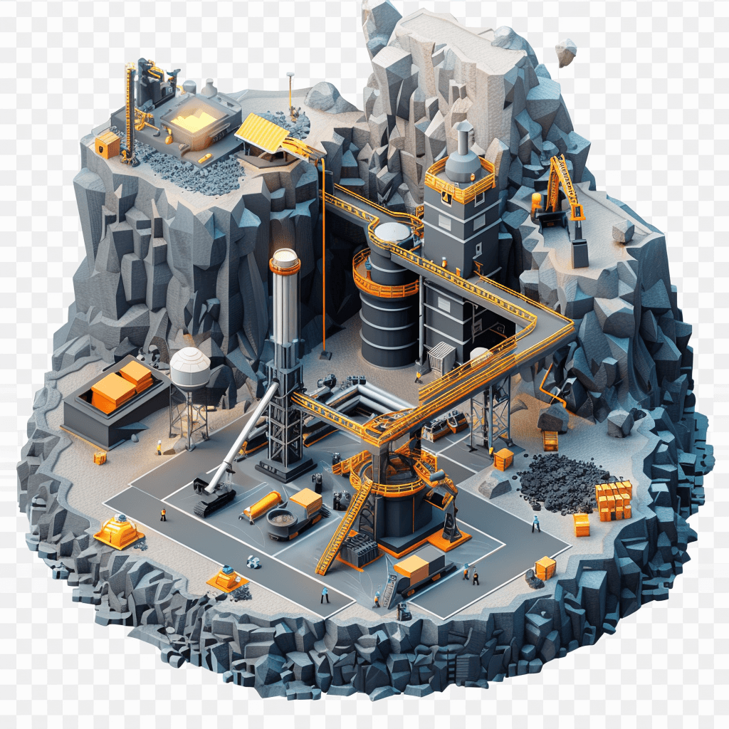 isometric low poly game art, open mining center with metalime and orange machine tools on the mountain top, white background png transparent