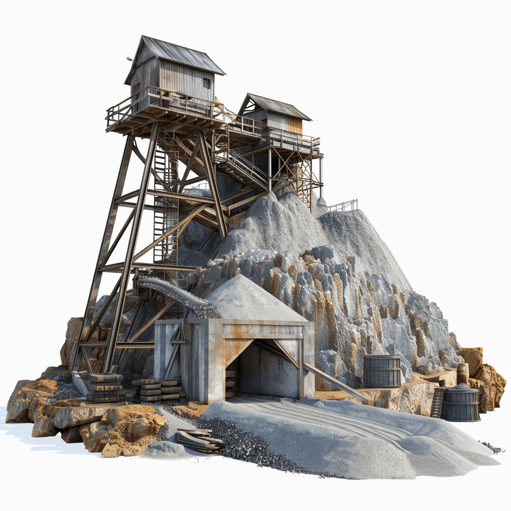 Volumetric render of an old gold mine on a white background, high resolution, highly detailed, isolated and presented on a white background, in the style of photorealistic rendering, utilizing octane rendering techniques, resembling a game asset, with hyper realistic detail, high detail 3D model, shown from the front view perspective.