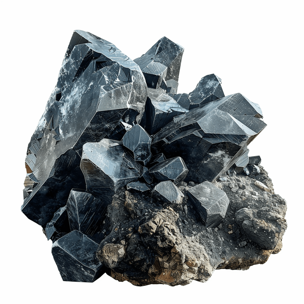 A highly detailed black crystal cluster on rock, png transparent background, white space around the object for easy cut out with photoshop, no shadow in middle of picture,