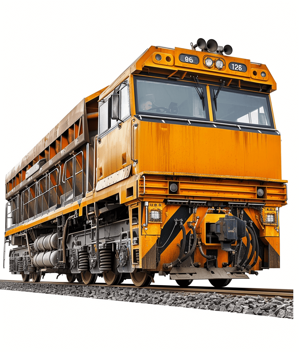 Yellow orange freight locomotive with white background, photorealistic, high resolution, high detail, high quality, high definition, in the style of hyper realistic, in the style of hyper detailed, in the style of hyper ultra realstic