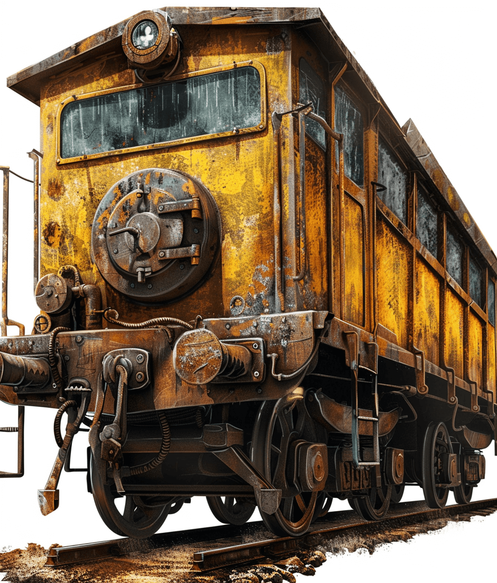 An old yellow cargo train with rust on a white background, concept art in the style of [Craig Mullins](https://goo.gl/search?artist%20Craig%20Mullins), digital painting, visible brush strokes and texture.