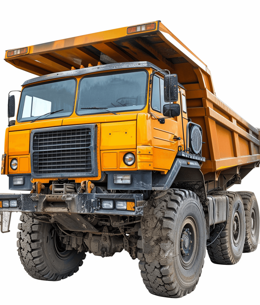 A large yellow heavy truck, highresolution photo of the front view, with no background and white space on all four sides. The vehicle is designed for construction work in rugged terrain. It has six wheels, an open roof area, large tires, steel bars under its body, and can carry big objects like rocks or sand to be decorated as part of construction projects., focus stacked photography, ultra realistic, isolated on pure white background, white background