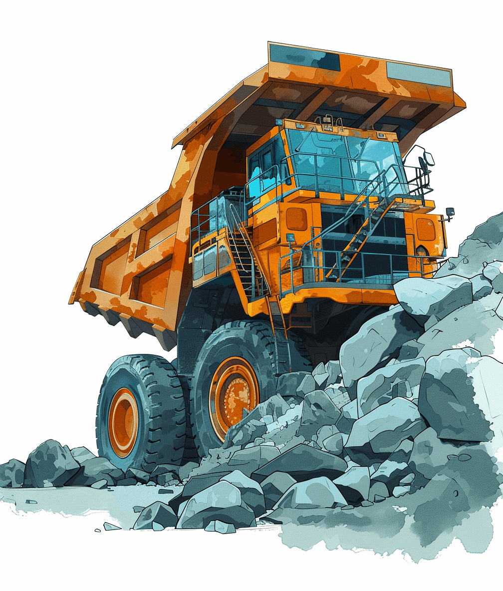 An vector illustration of an orange and blue large dump truck with rocks on the ground, white background, in the style of storybook-inspired illustrations, hard edge painter, ink wash painting, meticulous design, handdrawn animation stills, heavy use of palette knives, colorful caricature, flat colors.