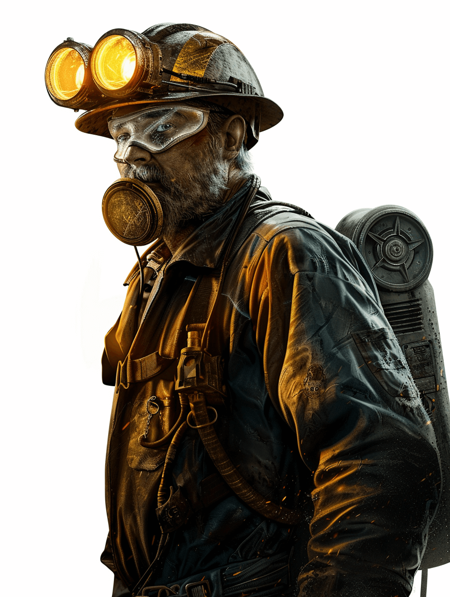 photo of an old coal miner with yellow eyes against a white background, wearing full mining gear and helmet in a foggy atmosphere, a full body shot portrayed in the style of hyper realistic art