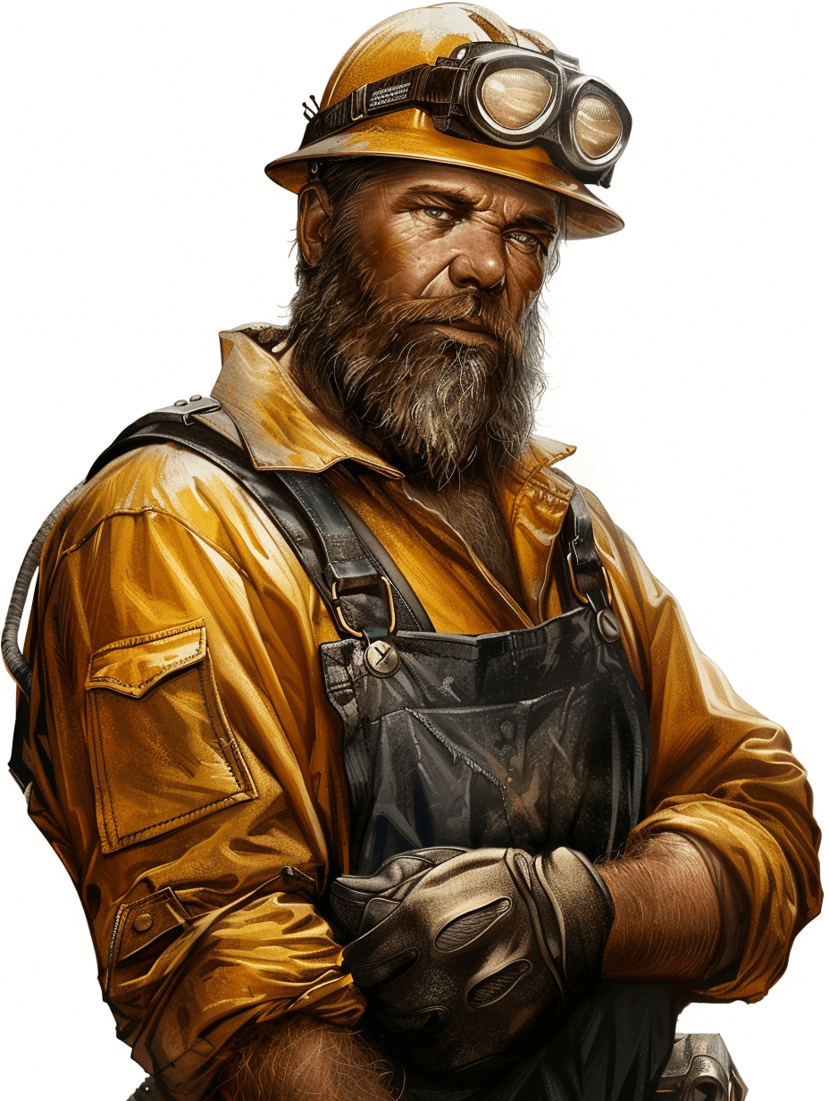 A miner with a yellow jacket and overalls, a bearded man in a helmet and goggles, concept art in the style of [Greg Rutkowski](https://goo.gl/search?artist%20Greg%20Rutkowski), an oil painting, a digital artwork, a detailed face, a white background, high contrast shading, dark fantasy