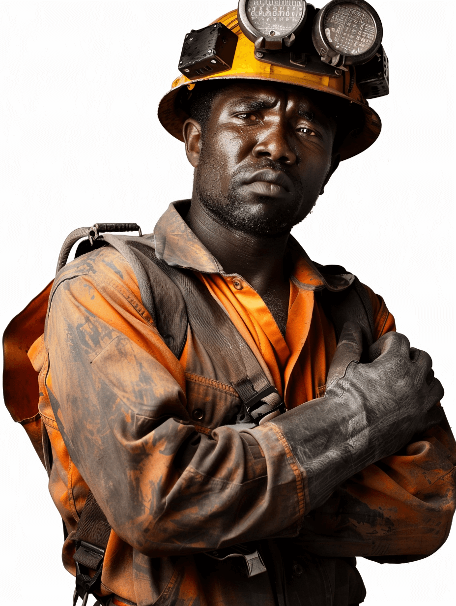 A dark-skinned South African miner in an orange and black shirt, with his arms crossed across his chest and wearing a hard hat on his head, against a white background, in the photorealistic style of hyperrealism, with high resolution photography, insanely detailed, fine details, isolated on a white background, a professional stock photo with color grading, from an award winning photoshoot.