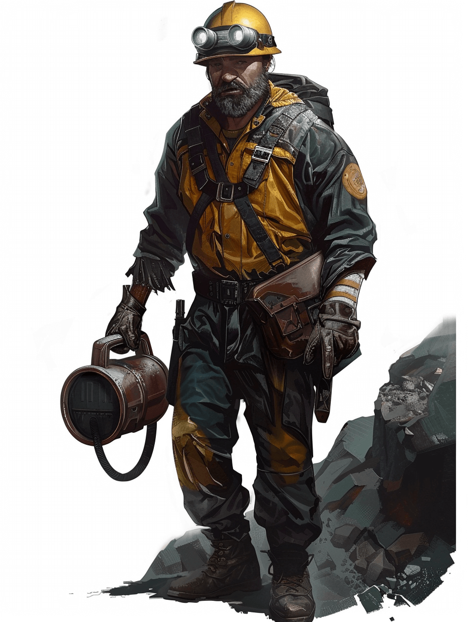 full body concept art of an over the top human male miner with a yellow and black uniform, helmet and oil canister in one hand on a white background, digital painting in the style of [Craig Mullins](https://goo.gl/search?artist%20Craig%20Mullins)