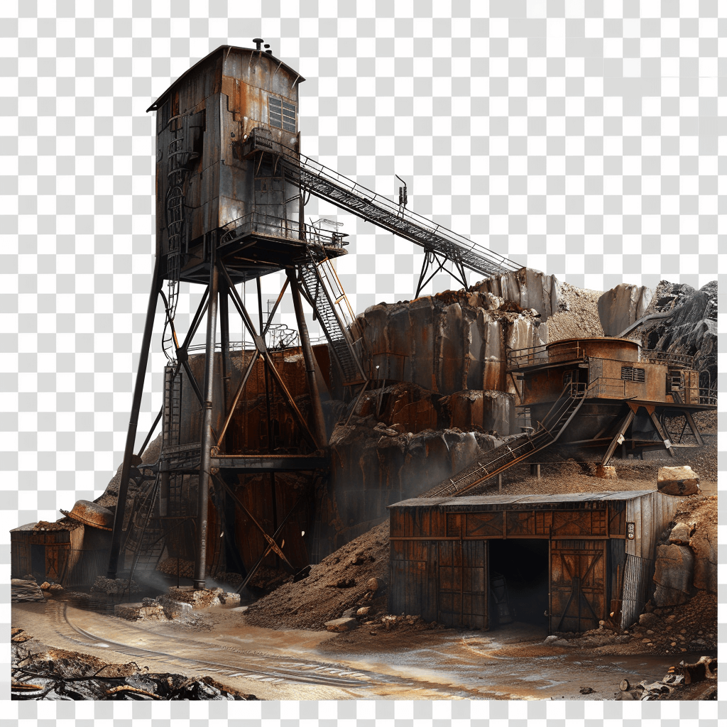 A rugged, abandoned gold mine with towering “G.Gradient” machinery and structures made of weathered metal. The scene is set in the heart of an old mining town surrounded by rough terrain and dusty atmosphere. Transparent background PNG format. High resolution, realistic style.